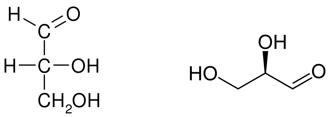 Fisher projection (left) and skeletal formula (right) of D-glyceraldehyde