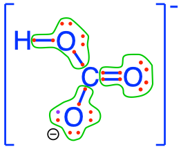 Electron allocation on each of the fully oxidized forms of C, including from left to right CO~2~, carbonic acid, hydrogen carbonate (or bicarbonate), and carbonate, showing that the C atoms have no electrons for themselves
