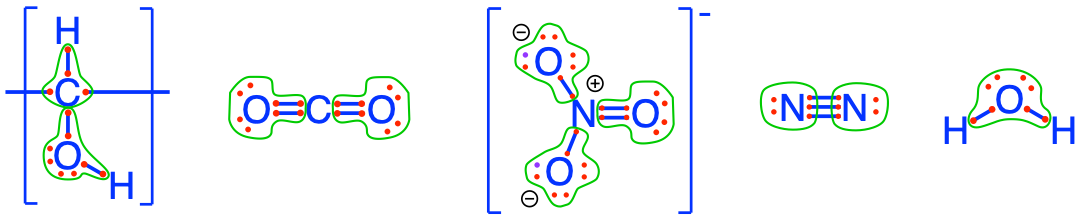 Electrons allocation on the carbon atoms showing 4 electrons stored on $CH_2O$, surrogate for organic matter, and showing zero electrons on $CO_2$; on the nitrogen atoms showing 0 electrons on $NO_3^-$ and 5 electrons on $N_2$; in all the molecules, including water, the oxygen always has 8 electrons for itself, and, being the most electronegative atom, does not participate in any electron transfer