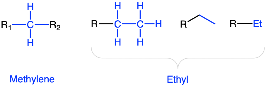 Methylene and three common notations for the ethyl functional groups