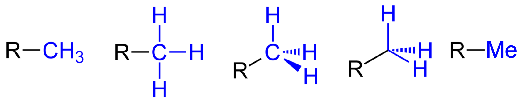Five common notations for the methyl functional group