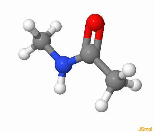 Amide functional group, with the R groups as methyls. The colors follow for C, H, O, N, respectively grey, white, red, and blue. Notice that the amide group is planar