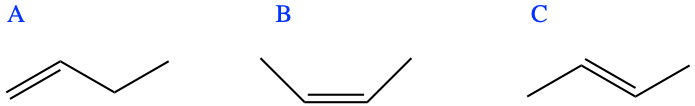 The three butene isomers, respectively A: but-1-ene or &alpha; butylene,; B:  (Z)-but-2-ene or cis-&beta;-butylene; C: (E)-but-2-ene or trans-&beta;-butylene