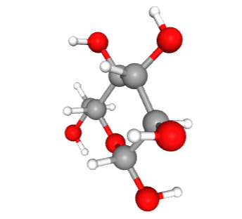 Skeletal formula for alpha-D-glucose (left), 'hyper' skeletal formula (center), and 3-D representation with C in grey, O in red, and H in white. Notice that in 3-D, the pyranose ring is not flat. It would if it were an aromatic ring
