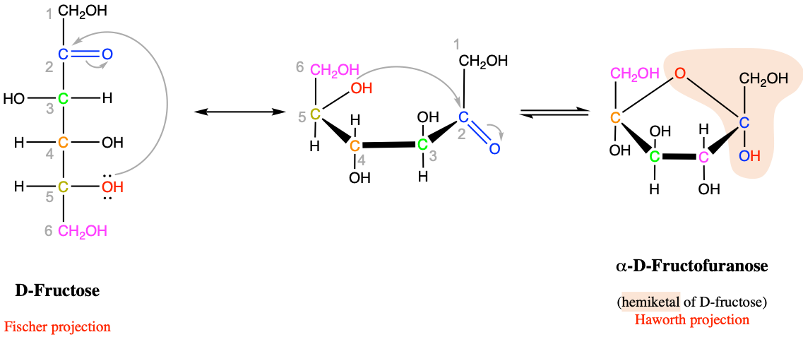 Intramolecular cyclic hemiketal formation in fructose and more generally for furanose hexoses