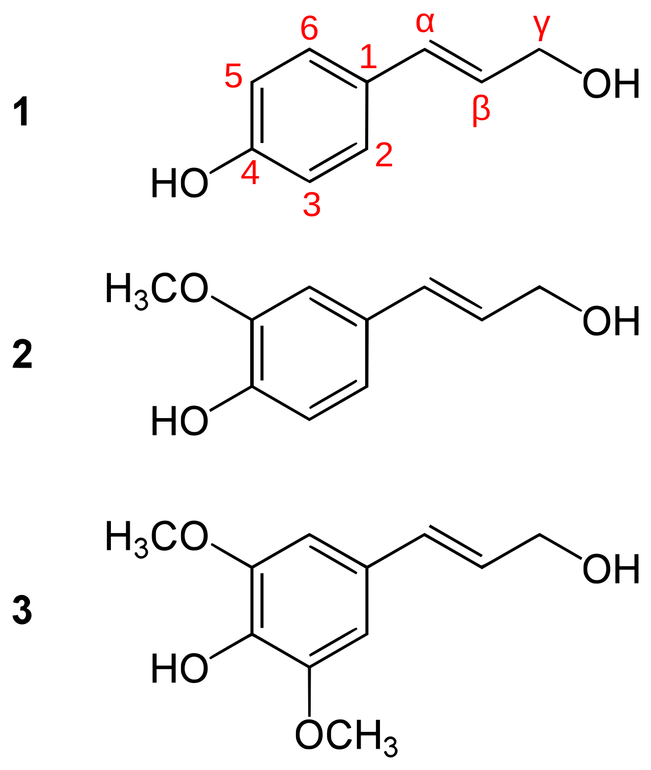 Three common **monolignols**, monomers for the lignin molecules: paracoumaryl alcohol (1), coniferyl alcohol (2) and sinapyl alcohol (3) [By Yikrazuul - Own work, Public Domain](https://commons.wikimedia.org/w/index.php?curid=6099341)