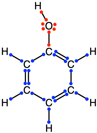 Skeletal formula (left), Lewis dot structure (center), and 3D space-filling animated view of phenol (right, grey = C atom, red = oxygen atome, white = hydrogen atom) showing the hydroxy group on one of the carbons of the benzene or aromatic ring