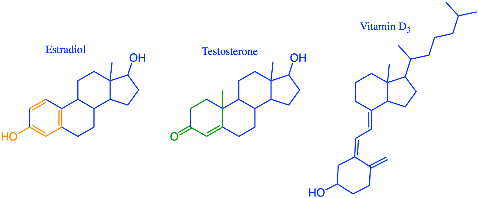 Estradiol and testoterone as the major female and male sex hormones, respectively.  All differences in atoms and bonds are highlighted in orange and green. Cholecalciferol (vitamin D~3~) is a metabolite of cholesterol and necessary for the calcium and phosphate regulation in the human body